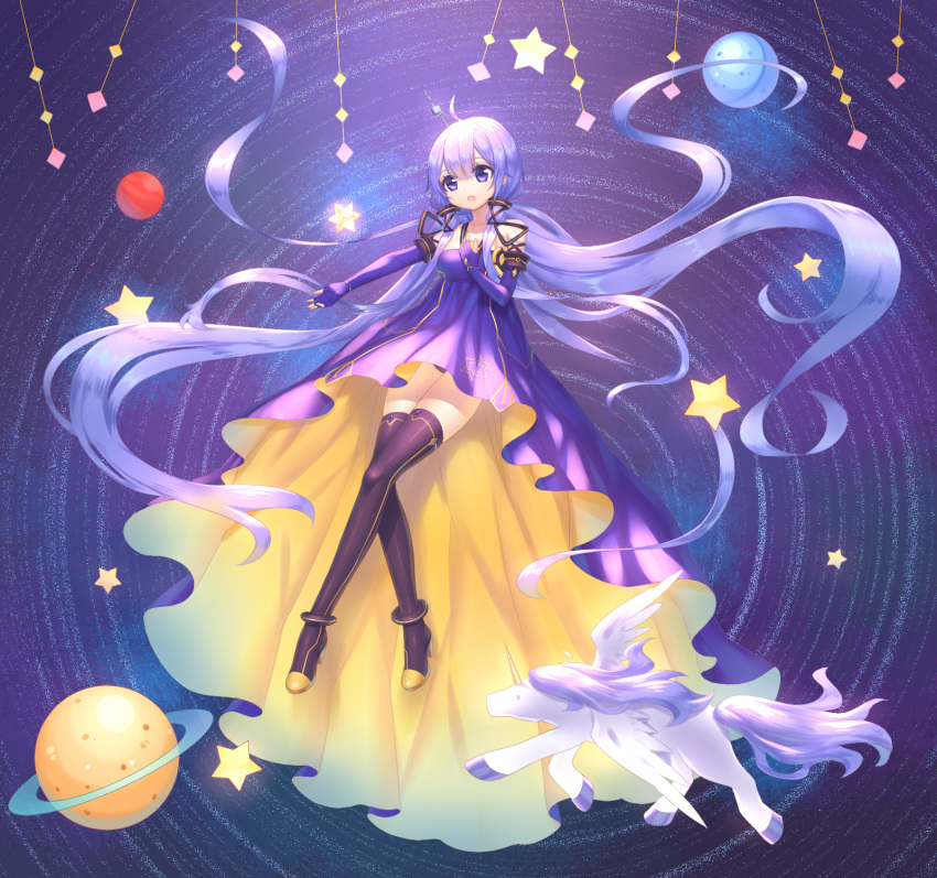 1girl :d ahoge azur_lane black_legwear chi_yei commentary_request cosplay detached_sleeves dress hair_ornament high_heels highres long_hair looking_at_viewer low_twintails open_mouth pegasus planet purple_dress purple_hair sky smile space star_(sky) starry_sky thigh-highs twintails unicorn unicorn_(azur_lane) violet_eyes vocaloid xingchen xingchen_(cosplay) zettai_ryouiki