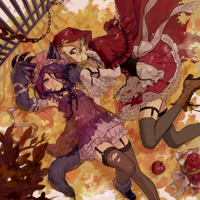 2girls animal_ears apple apron arms_up autumn_leaves babydoll bandage bandaged_arm bangs basket big_bad_wolf big_bad_wolf_(cosplay) black_collar black_legwear blonde_hair blood bloody_clothes bloomers blush boots bow bowtie brown_footwear brown_legwear capelet chains collar corset cosplay cross-laced_footwear earrings eyebrows_visible_through_hair eyepatch fence food frilled_apron frills fruit garter_straps gloves gradient_hair hair_over_one_eye hands_in_sleeves hat hayasaka_mirei high_heel_boots high_heels highres hooded_capelet idolmaster idolmaster_cinderella_girls jewelry lace-up_boots leaf little_red_riding_hood little_red_riding_hood_(cosplay) little_red_riding_hood_(grimm) long_hair long_sleeves lying miniskirt mob_cap multicolored_hair multiple_girls navel on_back on_side parted_lips paw_gloves paws pink_hat plaid pleated_skirt purple_hair red_apple red_capelet red_cloak red_eyes red_skirt redhead see-through shirasaka_koume shirt short_hair skirt spiked_collar spikes tail tamaext thigh-highs torn_clothes torn_thighhighs underwear waist_apron white_apron white_bloomers white_bow white_neckwear white_shirt white_skirt wolf_ears wolf_girl wolf_tail