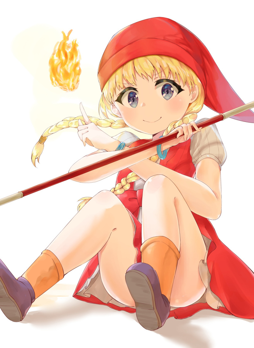 &gt;:) 1girl bangs blonde_hair blue_eyes blush bracelet braid closed_mouth commentary_request convenient_leg dragon_quest_xi dress eyebrows_visible_through_hair fire flat_chest hair_tie hat highres holding holding_staff index_finger_raised jewelry long_hair looking_at_viewer orange_legwear puffy_short_sleeves puffy_sleeves purple_footwear racchi. red_dress red_hat shadow shoes short_sleeves sitting smile socks solo staff thighs twin_braids upskirt veronica_(dq11) white_background