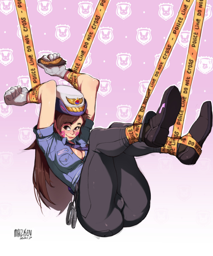 1girl alternate_costume ass blush bound breasts brown_eyes brown_hair caution_tape cleavage collared_shirt cuffs d.va_(overwatch) fat_mons female_service_cap full_body gloves handcuffs highres jordan_smith long_hair officer_d.va overwatch pants police police_badge police_uniform policewoman shirt short_sleeves solo suspension tied_up uniform whisker_markings white_gloves