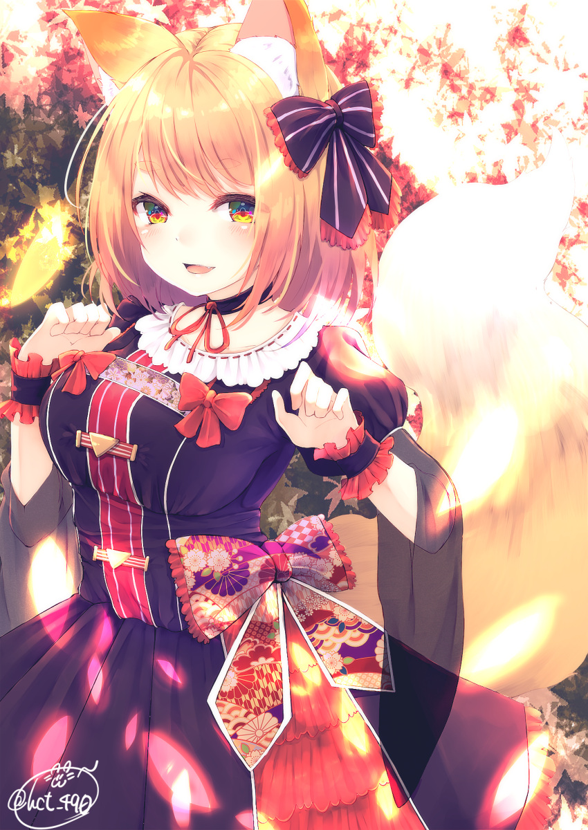 1girl :d animal_ears bangs blue_eyes blush bow breasts chita_(ketchup) choker cowboy_shot dress eyebrows_visible_through_hair fang floral_print fox_ears fox_girl fox_tail frills hair_bow highres large_breasts leaf leaf_background looking_at_viewer multicolored multicolored_eyes neck_ribbon open_mouth original puffy_short_sleeves puffy_sleeves purple_dress red_bow red_neckwear red_ribbon ribbon see-through shiny shiny_hair short_hair short_sleeves signature smile solo standing striped striped_bow tail tareme wrist_cuffs yellow_eyes