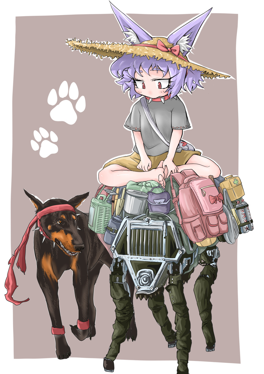 1girl absurdres animal animal_ears bag bandanna barefoot bigdog bucket clothed_animal collar commentary_request doberman dog dog_child_(doitsuken) dog_ears doitsuken ears_through_headwear grey_shirt hat highres indian_style looking_at_another looking_down original paw_print pouch purple_background red_eyes school_bag shirt short_hair short_sleeves shorts sitting slit_pupils spiked_collar spikes straw_hat walking yellow_shorts
