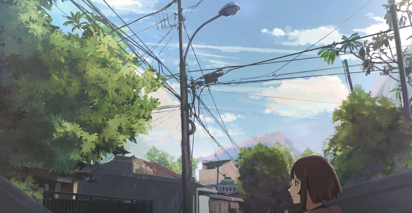1girl absurdres blue_sky brown_eyes brown_hair closed_mouth clouds cloudy_sky day faiz_azhar fence from_side highres house lamppost mole mole_under_eye original outdoors power_lines profile short_hair sky smile solo telephone_pole town tree