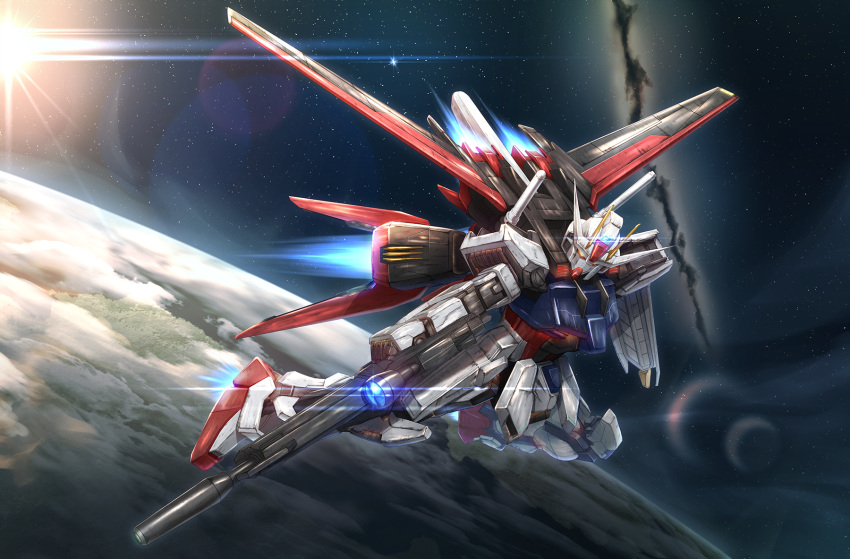 aile_strike_gundam asaba_kakeru blue_sky flying gun gundam gundam_seed highres holding holding_gun holding_weapon jetpack lens_flare mecha no_humans outdoors planet rifle sky sniper_rifle solo space star_(sky) starry_sky strike_gundam sun weapon