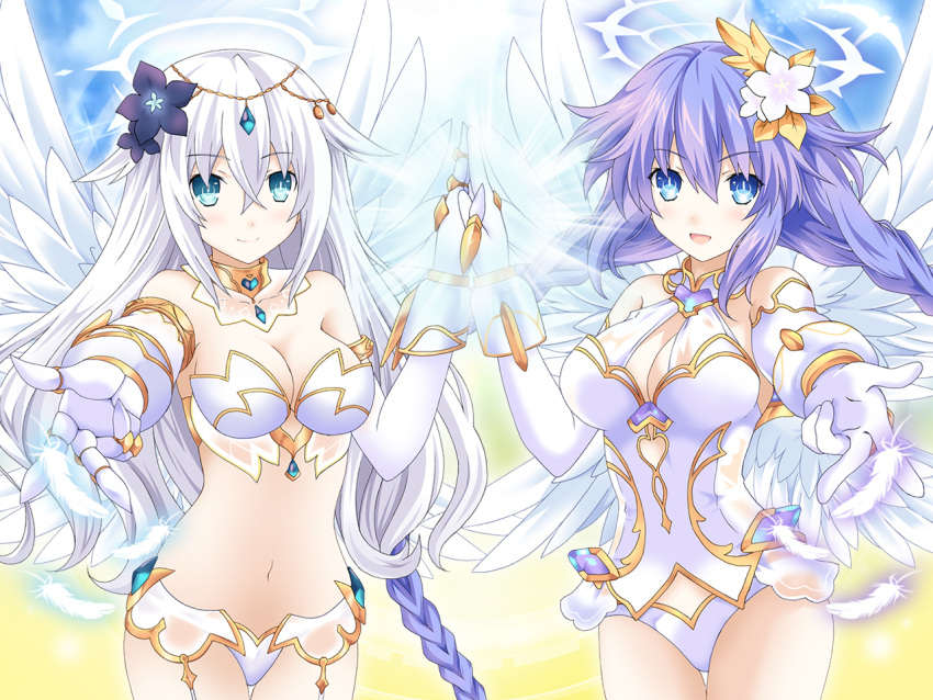 2girls angel angel_wings bare_shoulders black_heart blue_eyes braid breasts cleavage feathered_wings four_goddesses_online:_cyber_dimension_neptune gloves hair_ornament kagura_ittou leotard long_hair looking_at_viewer medium_breasts multiple_girls neptune_(series) purple_hair purple_heart symbol-shaped_pupils twin_braids very_long_hair white_hair white_wings wings