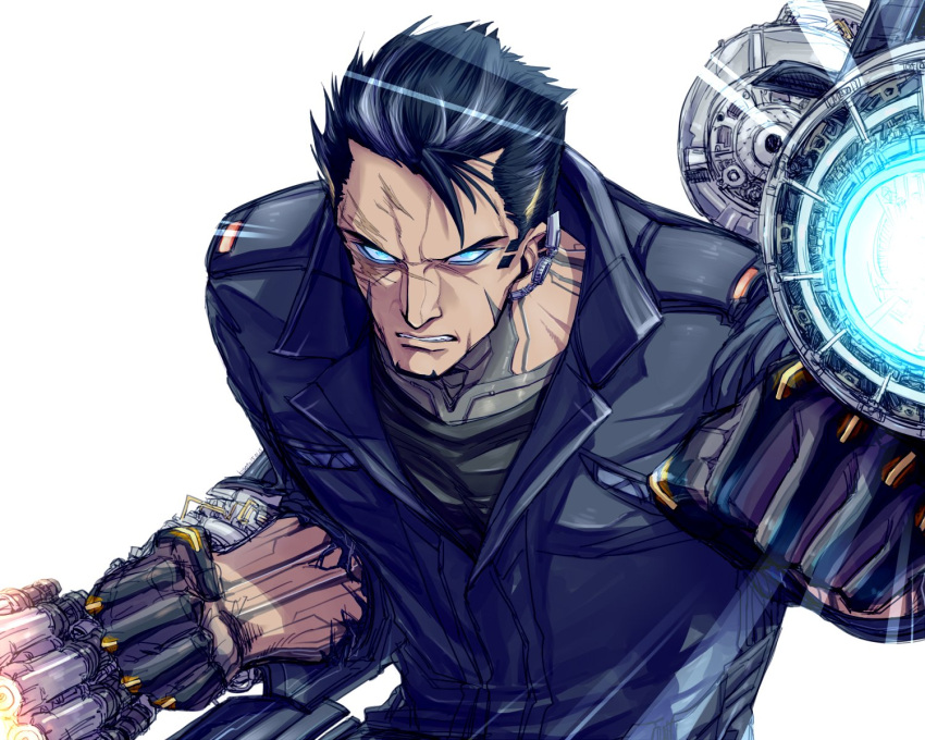 1boy autobot black_hair black_shirt blue_eyes cannon clenched_teeth eyebrows_visible_through_hair forrd0101 gloves grin helmet highres holding holding_helmet humanization ironhide looking_at_another looking_at_viewer machinery mecha open_mouth personification shirt short_hair simple_background smile solo teeth transformers upper_body weapon white_background