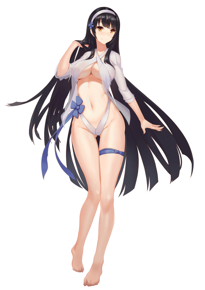 1girl absurdres bare_legs barefoot black_hair blush breasts casual_one-piece_swimsuit cleavage closed_mouth fingernails full_body gallant99770 girls_frontline gluteal_fold groin hairband highleg highleg_swimsuit highres large_breasts long_hair long_sleeves looking_at_viewer navel one-piece_swimsuit open_clothes open_shirt qbz-95_(girls_frontline) shirt skindentation sleeves_pushed_up slingshot_swimsuit smile solo straight_hair swimsuit thigh_gap thigh_strap transparent_background under_boob very_long_hair white_hairband white_shirt yellow_eyes