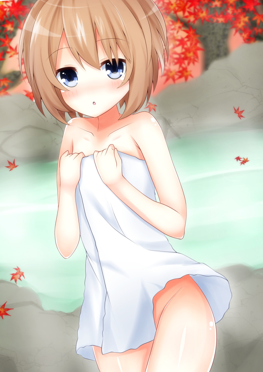 1girl bare_shoulders blanc blue_eyes brown_hair haru_blanc0316 hat highres looking_at_viewer naked_towel neptune_(series) onsen open_mouth partially_submerged short_hair solo steam towel