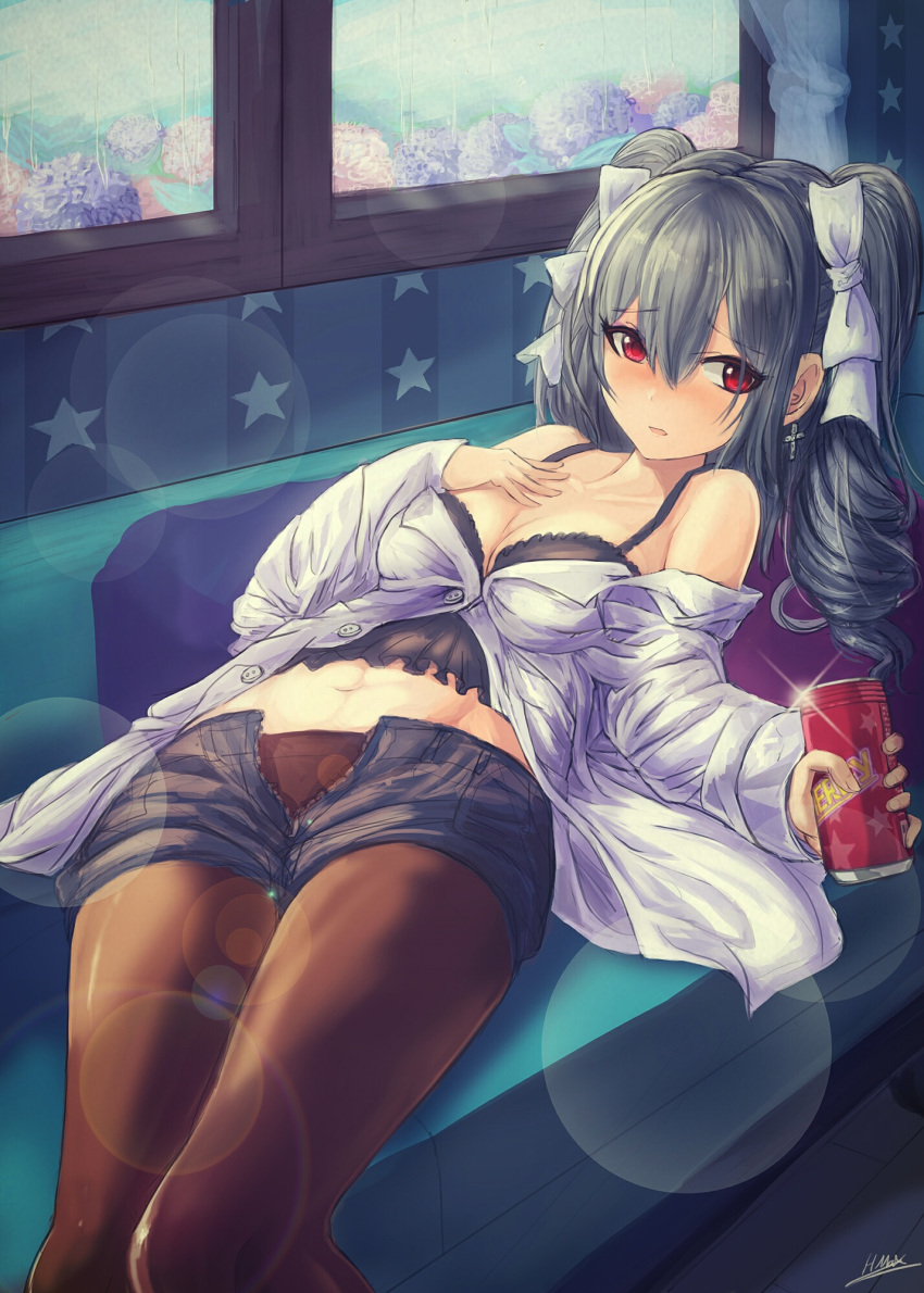 1girl bare_shoulders black_shorts blush bow breasts brown_legwear camisole can cleavage collarbone couch cross cross_earrings drill_hair earrings flower foreshortening glint grey_hair hair_bow hand_on_own_chest highres hmax holding hydrangea idolmaster idolmaster_cinderella_girls indoors jewelry kanzaki_ranko lens_flare long_hair long_sleeves lying medium_breasts navel off_shoulder on_back on_couch open_clothes open_fly open_shirt pantyhose pantyhose_under_shorts parted_lips partially_unbuttoned red_eyes shirt short_shorts shorts signature smile soda_can solo star twin_drills twintails white_bow window
