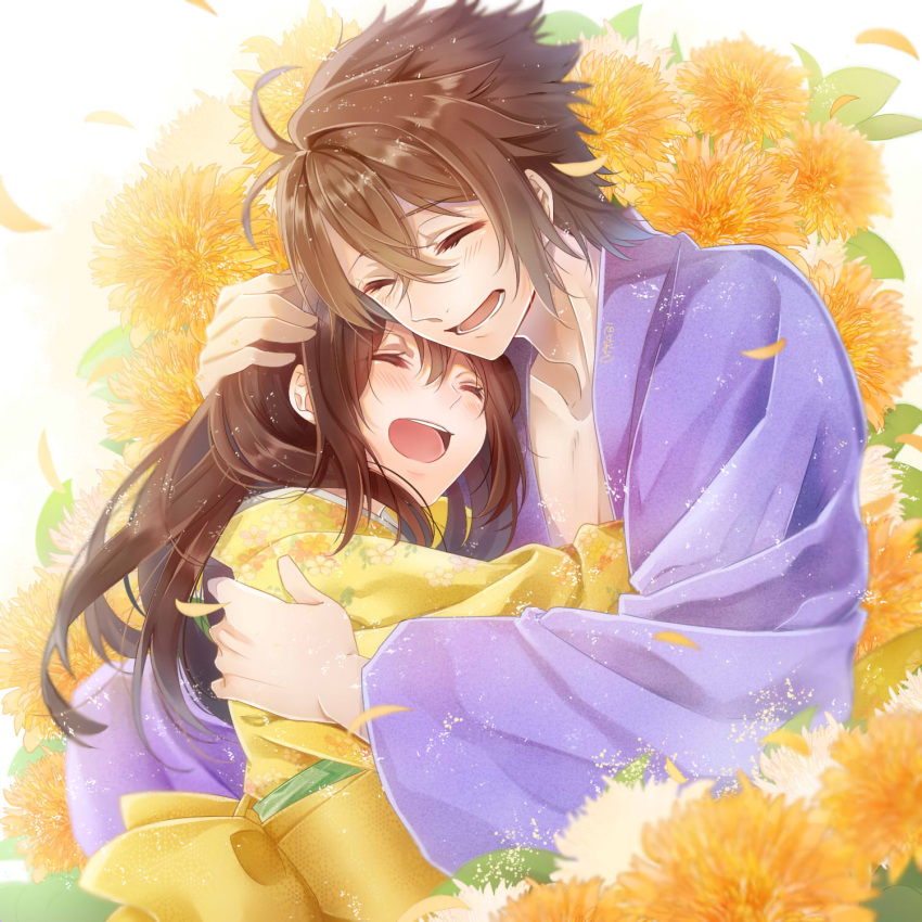 1boy 1girl antenna_hair blue_kimono brown_hair closed_eyes eyebrows_visible_through_hair floating_hair hair_between_eyes hakuouki_shinsengumi_kitan highres hug japanese_clothes kimono long_hair obi okita_souji_(hakuouki) open_mouth orange_flower sash white_background yellow_kimono yukata yukimura_chizuru