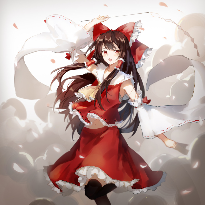 1girl aiko_(kanl) arm_up black_legwear bow brown_hair detached_sleeves floating_hair hair_bow hakurei_reimu hatsune_miku highres holding long_hair looking_at_viewer midriff navel one_leg_raised open_mouth red_bow red_eyes red_shirt red_skirt ribbon-trimmed_shirt ribbon-trimmed_sleeves ribbon_trim shirt skirt sleeveless sleeveless_shirt solo standing standing_on_one_leg stomach thigh-highs touhou very_long_hair vocaloid