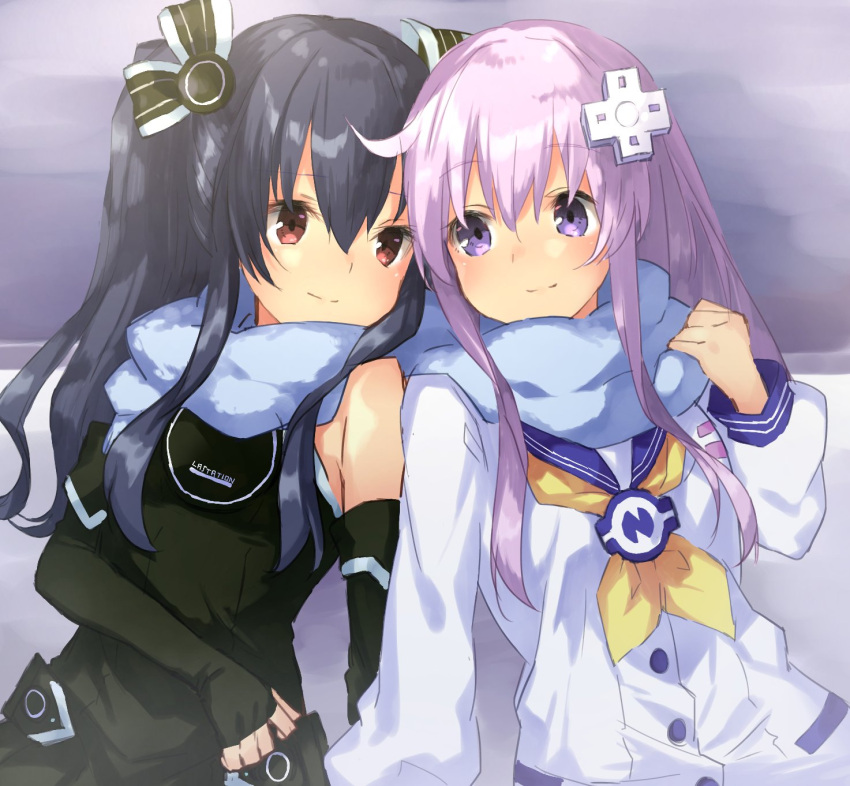 2girls black_dress black_gloves black_hair blancpig_yryr d-pad d-pad_hair_ornament dress elbow_gloves fingerless_gloves gloves hair_ornament hair_ribbon hairclip highres long_hair looking_at_another multiple_girls nepgear neptune_(series) purple_hair red_eyes ribbon sailor_dress scarf shared_scarf shoulder-to-shoulder sleeveless two_side_up uni_(choujigen_game_neptune) violet_eyes