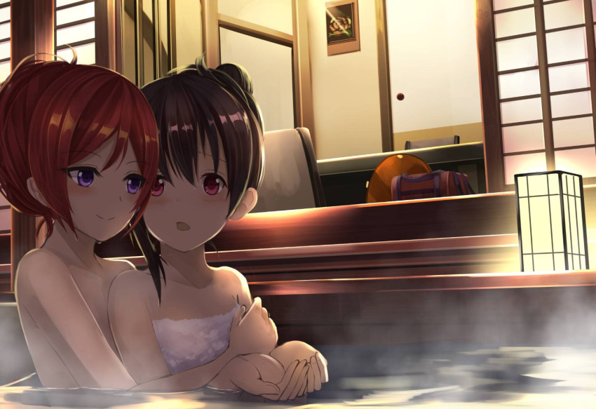 2girls :o bag bare_shoulders bathing blush brown_hair collarbone duffel_bag eyebrows_visible_through_hair house hug hug_from_behind lantern looking_back love_live! love_live!_school_idol_project multiple_girls naked_towel nishikino_maki nude onsen open_mouth orein outdoors own_hands_together painting_(object) partially_submerged pink_eyes redhead short_hair sliding_doors steam table tareme towel violet_eyes water yazawa_nico yuri