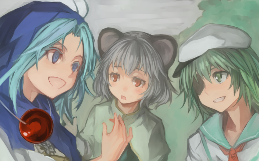 3girls :d animal_ears blue_eyes blue_hair blue_sailor_collar clouds cloudy_sky cookie_(touhou) eyepatch green_eyes green_hair grey_hair grey_sky grin highres hood_up jewelry kumoi_ichirin looking_at_another mouse_ears multiple_girls murasa_minamitsu nazrin neckerchief necklace one_eye_covered open_mouth outdoors red_eyes red_neckwear sailor_collar school_uniform serafuku short_hair sky smile solidstatesurvivor touhou vest zun_hat