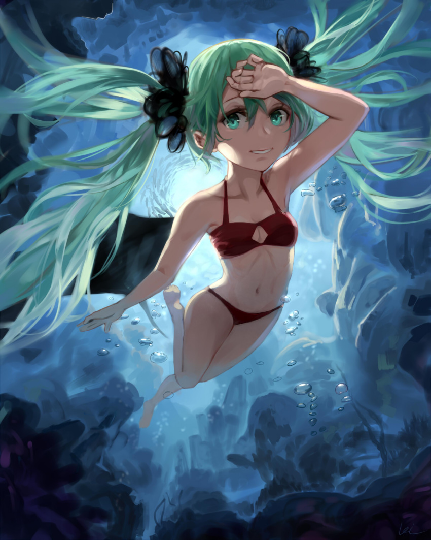 1girl air_bubble aqua_eyes aqua_hair arm_up armpits bare_legs barefoot bikini breasts bubble cleavage cleavage_cutout diving foreshortening full_body hair_between_eyes hair_ornament hair_scrunchie hand_on_forehead hatsune_miku highres leg_up leiq long_hair looking_at_viewer navel outdoors parted_lips red_bikini rock school_of_fish scrunchie small_breasts smile solo stomach submerged swimsuit twintails underwater very_long_hair vocaloid water