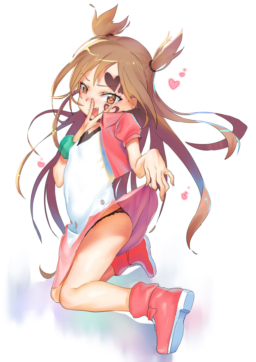 1girl absurdres bare_legs black_panties boots breasts brown_eyes brown_hair cropped_jacket dress dress_lift facial_tattoo fang heart heart_tattoo highres kagami_tina lifted_by_self long_hair looking_at_viewer mushiking open_mouth panties pink_footwear puffy_short_sleeves puffy_sleeves sar short_sleeves simple_background small_breasts smile solo tattoo two_side_up underwear very_long_hair white_background