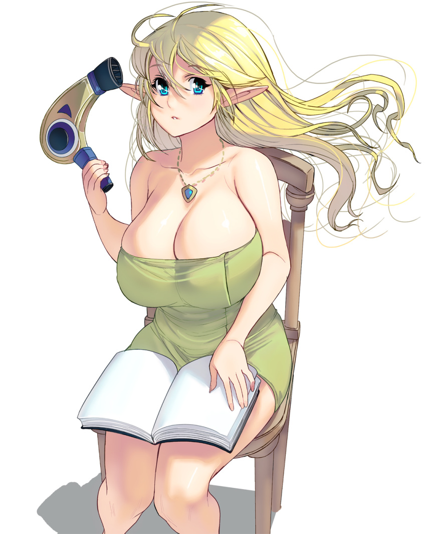 1girl blonde_hair blush book breasts chair cleavage elf hair_dryer highres holding huge_breasts jewelry long_hair masao necklace open_book original parted_lips pointy_ears shadow simple_background sitting solo towel white_background