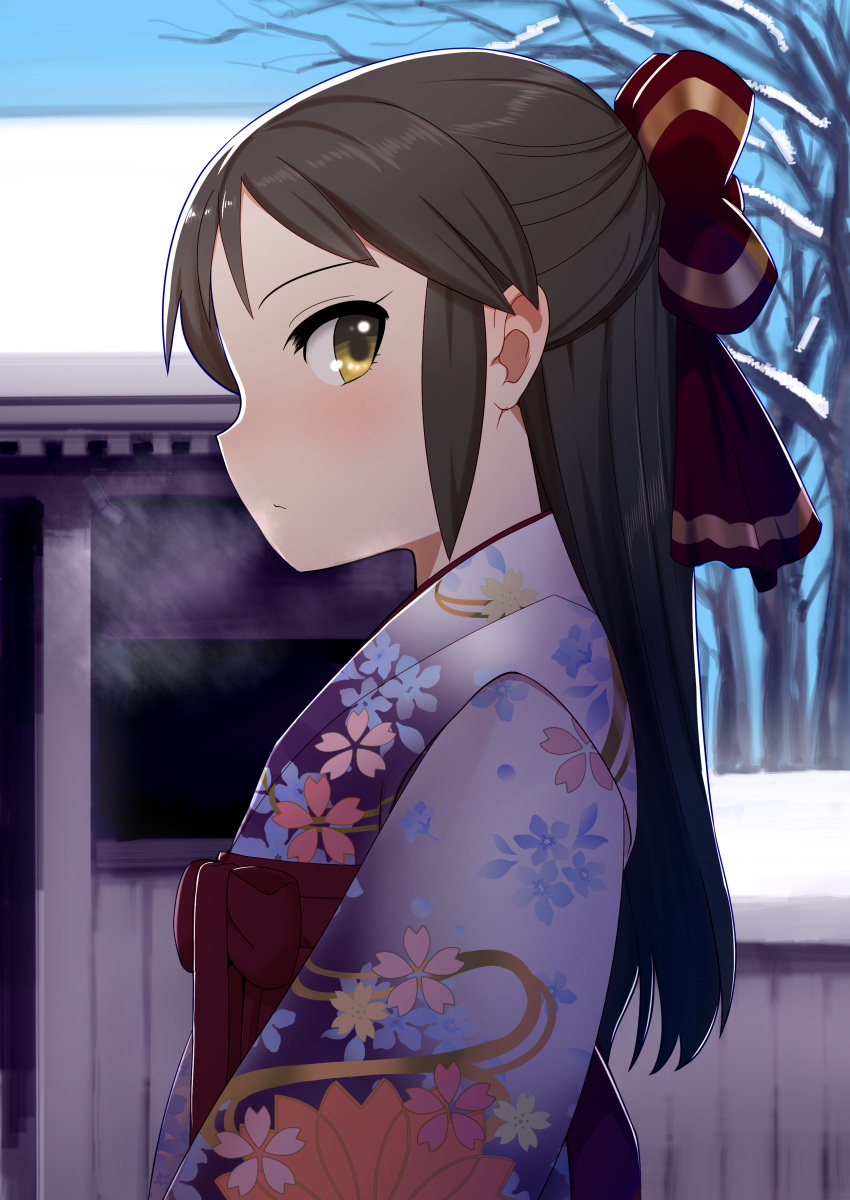 1girl absurdres blue_sky bow breath brown_eyes brown_hair cherry_blossom_print closed_mouth day floral_print hair_bow half_updo highres idolmaster idolmaster_cinderella_girls japanese_clothes kimono long_hair long_sleeves looking_at_viewer looking_to_the_side obi outdoors pettan_p print_kimono profile purple_kimono red_bow sash sideways_mouth sky snow solo tachibana_arisu upper_body winter