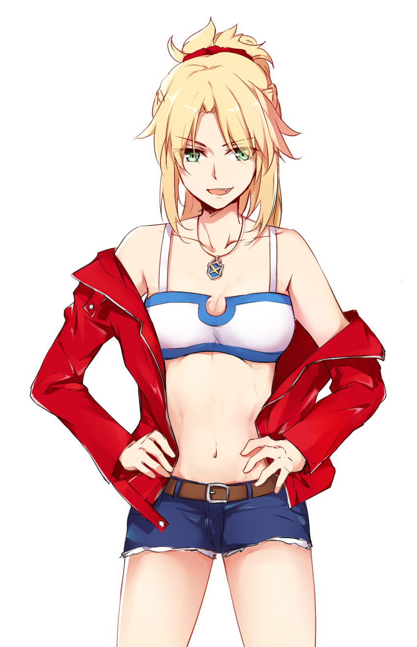 1girl :d belt blonde_hair blue_shorts bra breasts cleavage collarbone cowboy_shot eyebrows_visible_through_hair fang fate/apocrypha fate_(series) gemi_25 green_eyes hair_ornament hair_scrunchie hands_on_hips high_ponytail highres jacket jewelry long_hair looking_at_viewer medium_breasts navel necklace open_clothes open_jacket open_mouth red_jacket red_scrunchie saber_of_red scrunchie short_shorts shorts simple_background smile solo standing stomach torn_clothes torn_shorts underwear white_background white_bra