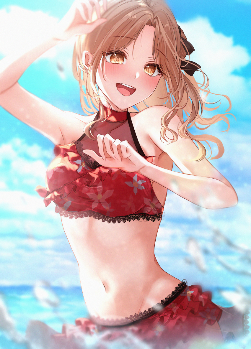 1girl :d absurdres amyu_(amm_asl_pa) arm_up asymmetrical_hair bangs bikini black_ribbon blue_sky blurry blurry_foreground blush breasts brown_eyes brown_hair clouds cloudy_sky collarbone commentary cowboy_shot day eyebrows_visible_through_hair frilled_bikini frills groin hair_bun hair_ribbon highres huge_filesize ichikawa_hinana idolmaster idolmaster_shiny_colors lace-trimmed_bikini lace_trim medium_breasts medium_hair navel ocean open_mouth outdoors parted_bangs red_bikini ribbon see-through side_ponytail sky smile solo splashing stomach swimsuit wading water_drop