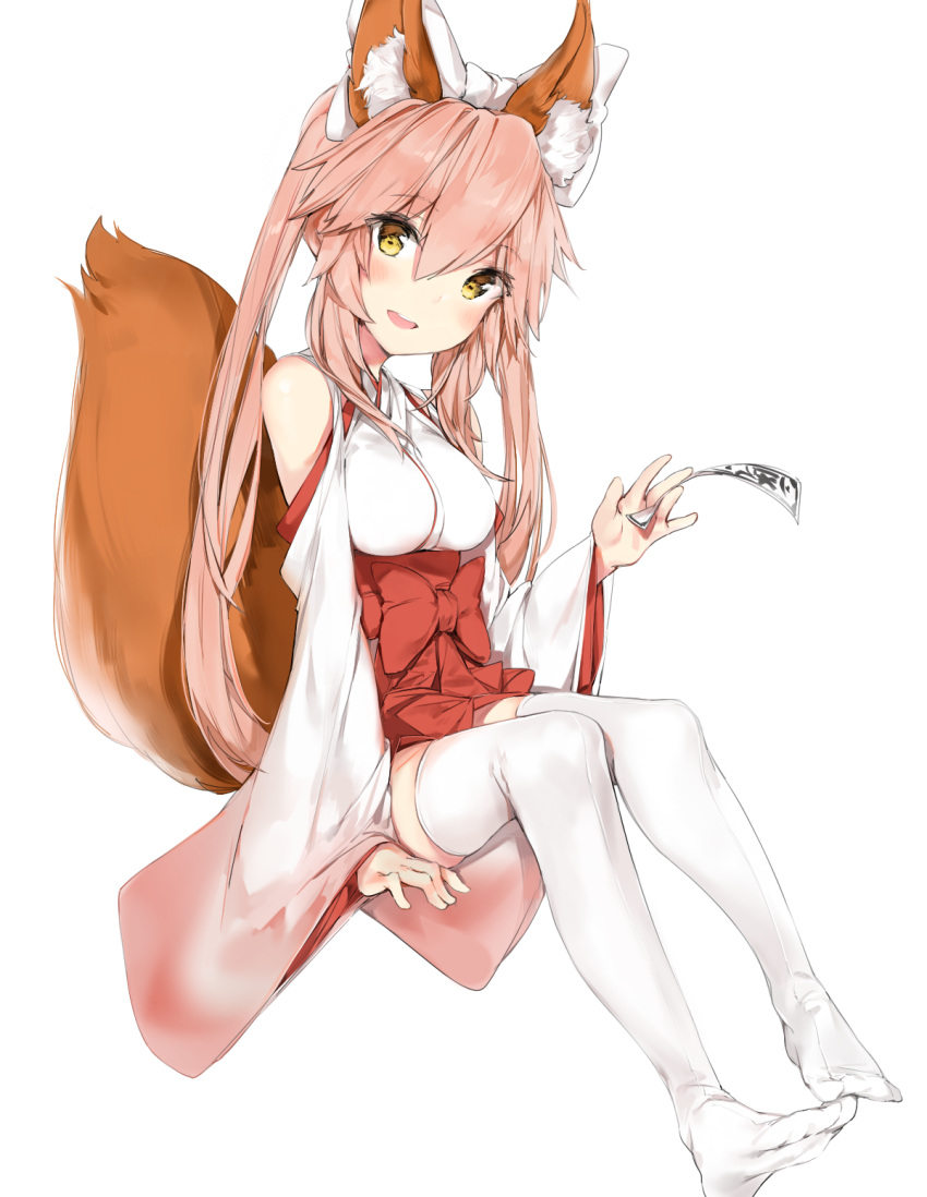 1girl :d animal_ears bangs between_fingers blush bow breasts eyebrows_visible_through_hair fate/extra fate_(series) fox_ears fox_tail hair_between_eyes hair_bow hakama_skirt highres holding knees_up legs_together long_hair looking_at_viewer medium_breasts nontraditional_miko open_mouth pink_hair silver_(chenwen) simple_background sitting smile solo tail talisman tamamo_(fate)_(all) tamamo_no_mae_(fate) teeth thigh-highs twintails very_long_hair white_background white_bow white_legwear wide_sleeves yellow_eyes