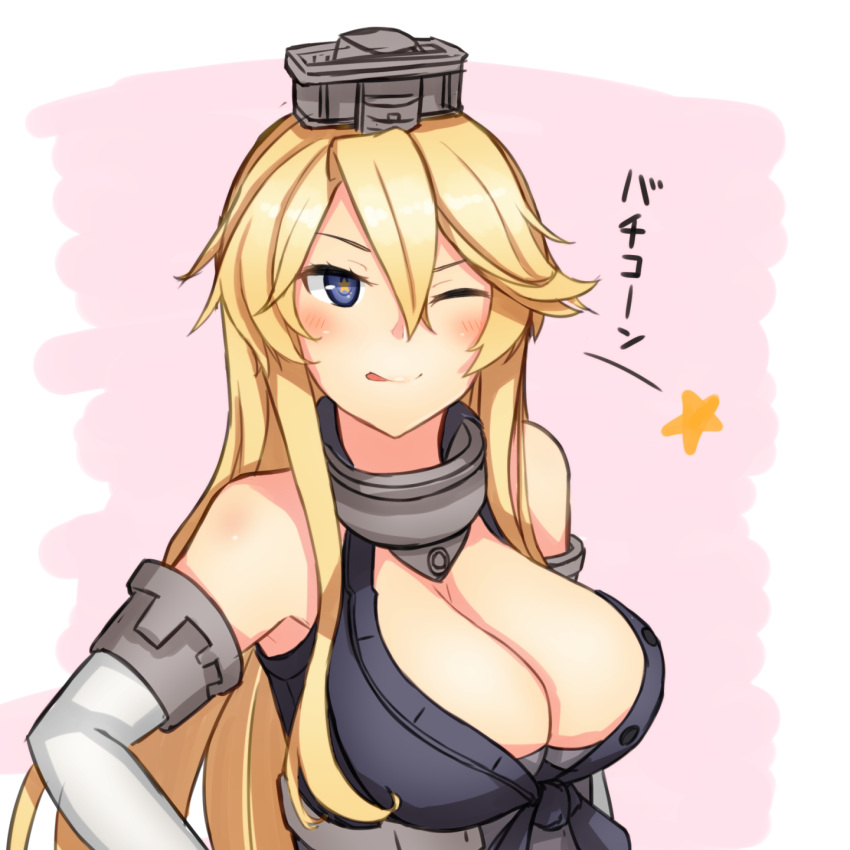 1girl blonde_hair blue_eyes breasts cleavage elbow_gloves front-tie_top gloves headgear highres iowa_(kantai_collection) kantai_collection large_breasts looking_at_viewer one_eye_closed solo star star-shaped_pupils symbol-shaped_pupils tongue tongue_out upper_body yuubokumin
