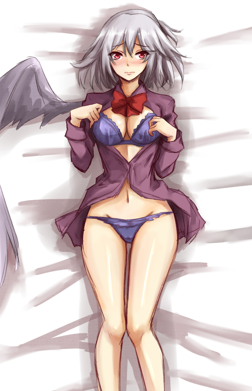 1girl absurdres amagi_(amagi626) bare_legs blue_bra blue_panties bow bra breasts cleavage commentary_request groin highres kishin_sagume long_sleeves looking_at_viewer navel panties red_bow red_neckwear short_hair single_wing solo touhou underwear white_hair wings