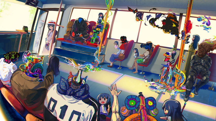 1girl absurdres blue_eyes blue_hair creature day doll dress hand_puppet hat headless highres interior long_hair looking_at_viewer mianbaoshi_mengxiang original paint puppet reflection sitting smoke streetcar sun_hat sundress surreal v_arms vehicle_interior window