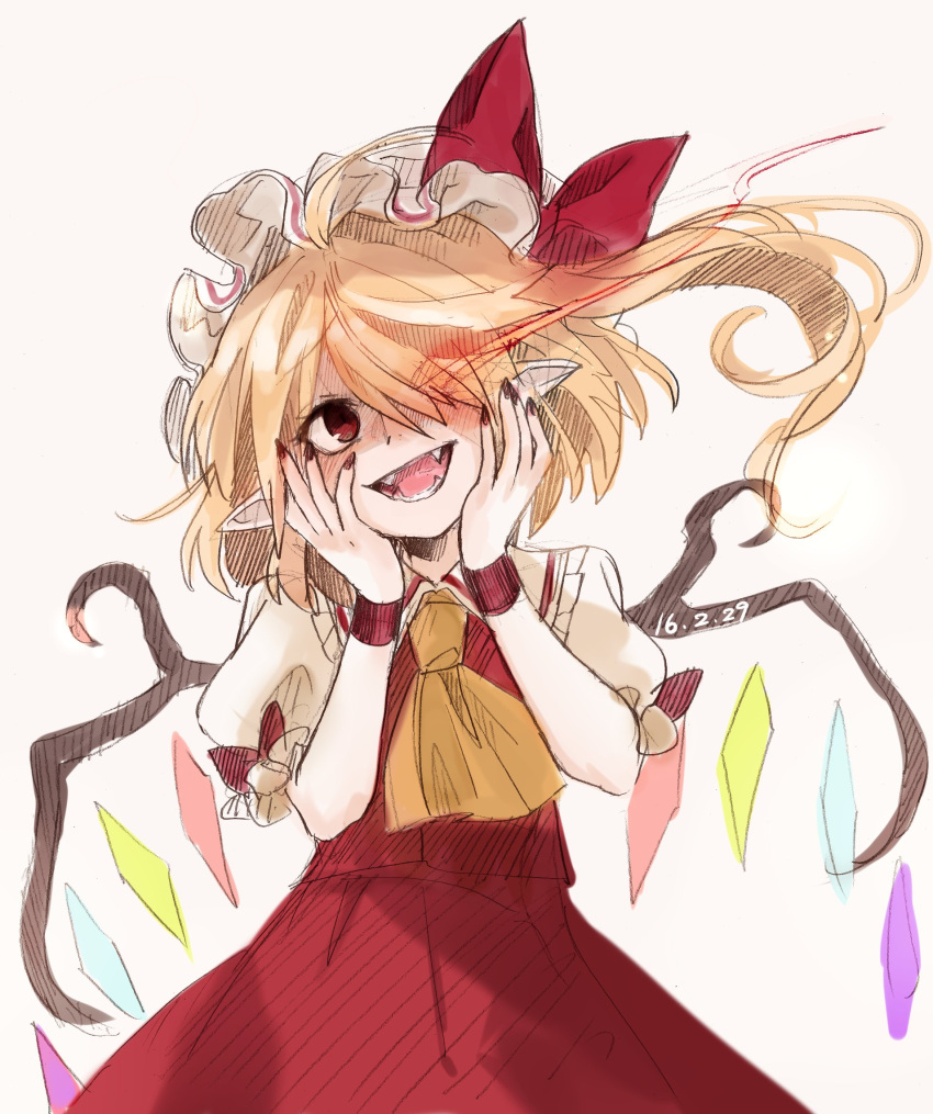 1girl ascot blonde_hair fangs flandre_scarlet gotoh510 hands_on_own_cheeks hands_on_own_face hat hat_ribbon head_tilt highres long_hair looking_at_viewer mob_cap nail_polish open_mouth pointy_ears puffy_short_sleeves puffy_sleeves red_eyes red_nails red_ribbon ribbon short_sleeves side_ponytail simple_background sketch skirt skirt_set smile solo touhou upper_body vest white_background wings wrist_cuffs