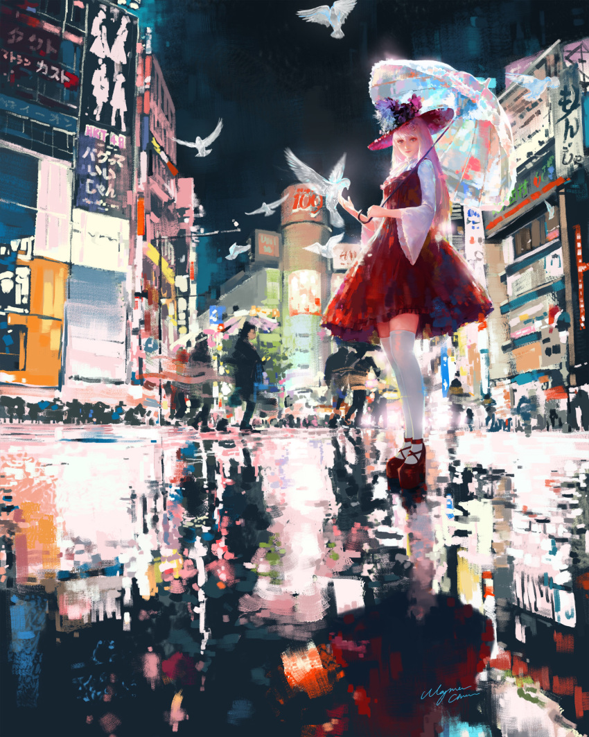 1girl artist_name bird building city crowd dove dress faceless full_body hat highres holding holding_umbrella landscape light lolita_fashion long_hair long_sleeves looking_at_viewer night original ornate platform_footwear real_world_location red_dress red_footwear shibuya_(tokyo) shoes sign signature solo standing thigh-highs tokyo_(city) translation_request umbrella wayne_chan white_bird white_legwear white_umbrella zettai_ryouiki