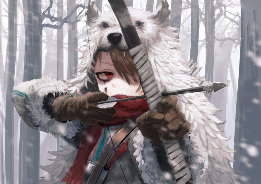 1girl absurdres aiming arrow bow_(weapon) brown_gloves forest fur_trim ginho gloves hair_over_one_eye highres holding holding_bow_(weapon) holding_weapon long_sleeves nature one_eye_covered outdoors ready_to_draw red_eyes red_scarf scarf snowing solo tree weapon