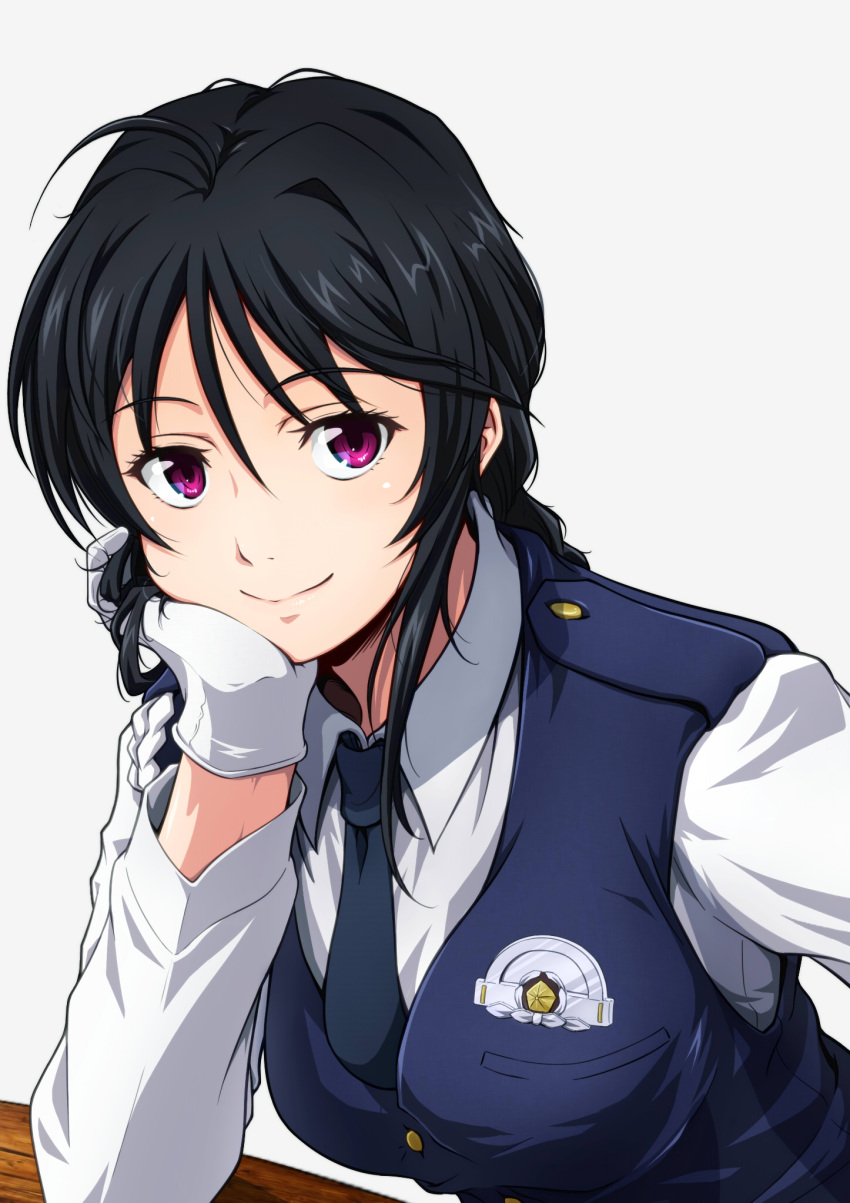 1girl black_hair fukuro_ooji gloves hand_on_own_cheek highres kobayakawa_miyuki long_hair looking_at_viewer necktie police police_uniform smile solo table uniform upper_body violet_eyes white_gloves you're_under_arrest