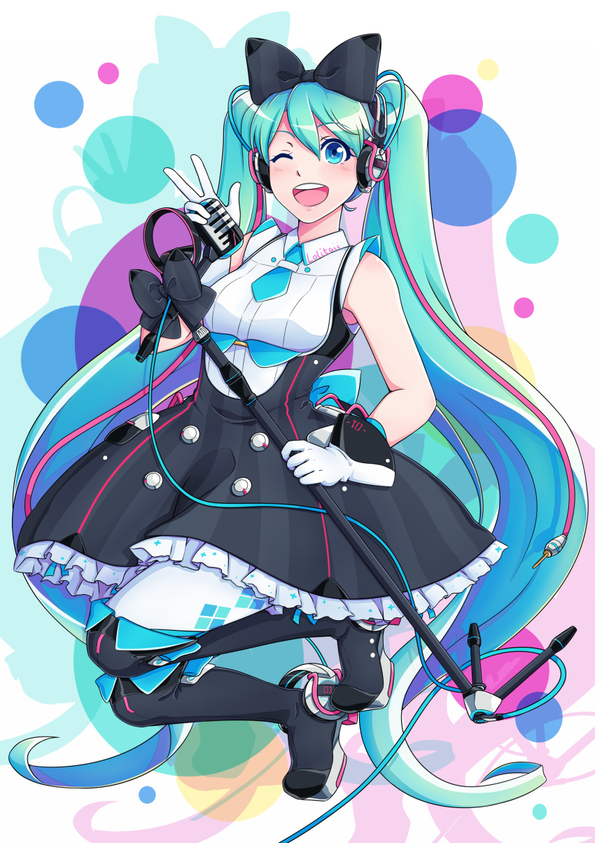 1girl aqua_eyes aqua_hair artist_name black_ribbon boots bow breasts dress full_body gloves hair_bow hatsune_miku headphones highres knee_boots leggings lolitaii long_hair medium_breasts microphone microphone_stand multicolored multicolored_clothes multicolored_gloves necktie one_eye_closed open_mouth ribbon signature smile solo striped striped_dress twintails underbust v very_long_hair vocaloid