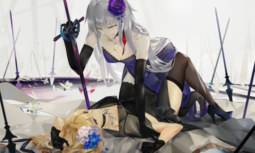 2girls ae_(alter-c) arm_up black_gloves black_hair blonde_hair blue_dress blue_footwear braid breasts choker cleavage collarbone dress elbow_gloves fate/grand_order fate_(series) flower gloves grey_background hair_flower hair_ornament high_heels highres holding holding_sword holding_weapon jeanne_alter jewelry long_hair lying medium_breasts multiple_girls necklace on_back parted_lips polearm purple_flower purple_footwear red_ribbon ribbon ribbon_choker ruler_(fate/apocrypha) silver_hair single_braid sleeveless sleeveless_dress smile spear strapless strapless_dress sword thigh-highs very_long_hair weapon white_flower yellow_eyes