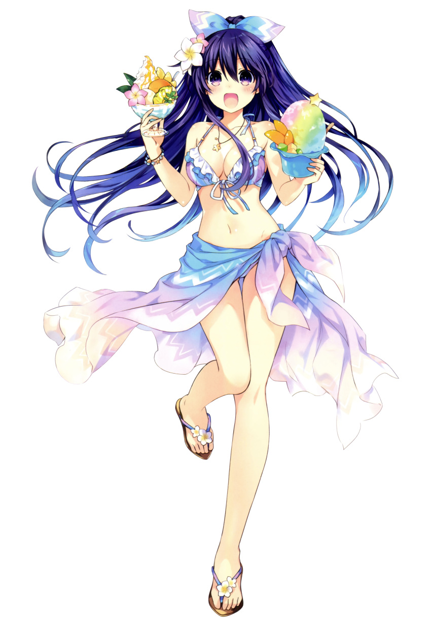 absurdres background bangs bare_shoulders bikini blush body bow breasts cleavage collarbone date_a_live eyebrows eyes feet flower food full_body highres holding huge_filesize ice_cream jewelry legs long_hair looking_at_viewer medium mouth navel necklace official_art open_mouth ornament ponytail purple purple_hair sandals sarong scan solo swimsuit toes tsunako visible_ears yatogami_tooka