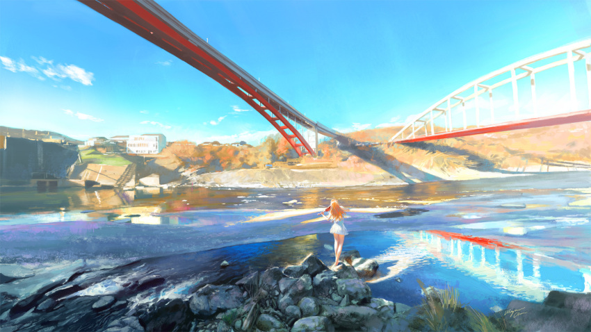 1girl arakawa_river artist_name blue_sky bow_(instrument) bridge brown_hair building clouds commentary day dress from_behind highres instrument japan landscape legs_together long_hair music original outdoors playing_instrument real_world_location river rock scenery signature sky solo standing sunlight violin water wayne_chan white_dress