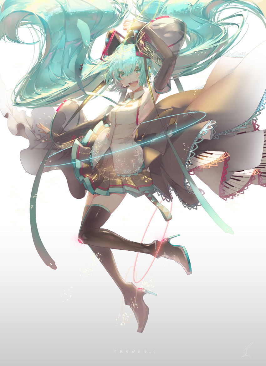 1girl absurdly_long_hair absurdres black_legwear black_skirt blue_eyes blue_hair blue_nails blush breasts detached_sleeves full_body hatsune_miku headset high_heels highres long_hair looking_at_viewer medium_breasts nail_polish open_mouth pleated_skirt saihate_(d3) skirt smile solo thigh-highs twintails very_long_hair vocaloid