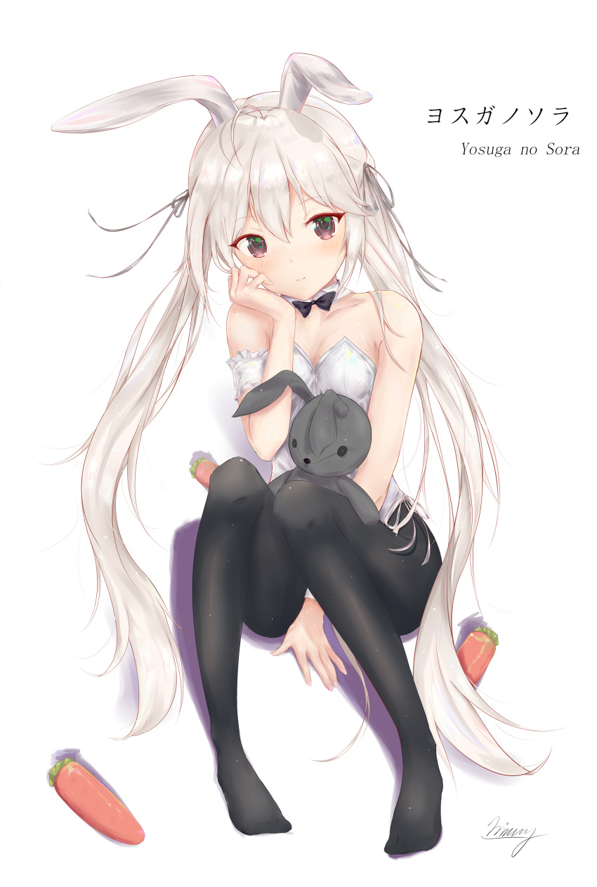1girl absurdres ahoge animal_ears arm_strap between_legs black_bow black_eyes black_legwear bow bowtie breasts chin_rest choker cleavage collarbone copyright_name eyebrows_visible_through_hair full_body hair_between_eyes hand_between_legs highres jimmy_(727690351) kasugano_sora leotard long_hair looking_at_viewer pantyhose rabbit_ears signature silver_hair simple_background sitting small_breasts smile solo strapless strapless_leotard twintails very_long_hair white_background white_leotard yosuga_no_sora