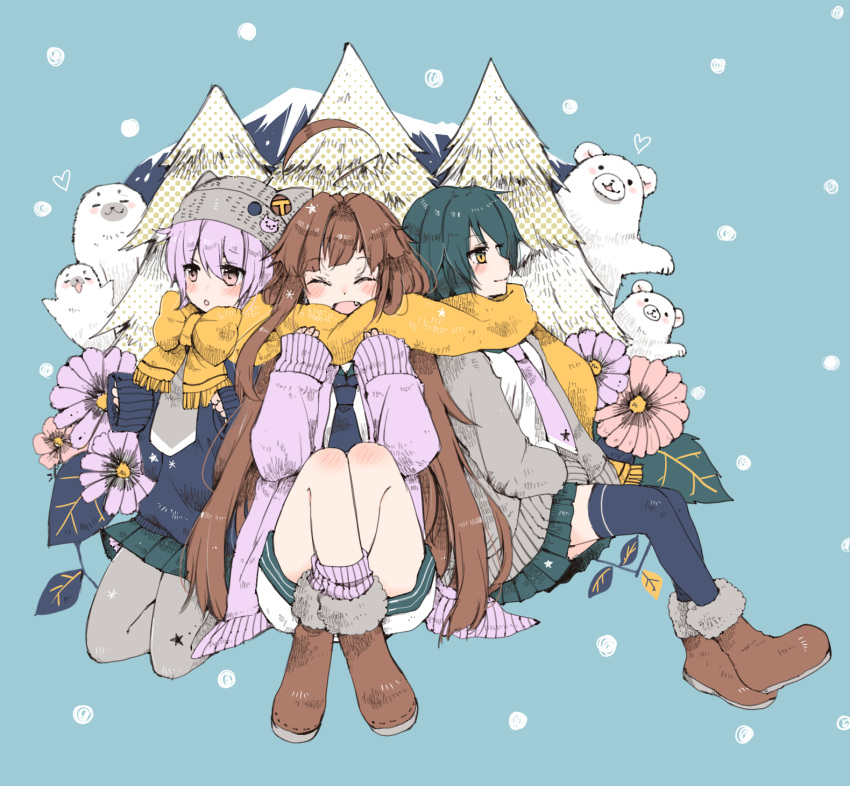 3girls ahoge alternate_costume animal badge bear black_legwear blush boots brown_hair closed_eyes commentary_request eyebrows_visible_through_hair fang flower full_body fur_boots fur_trim green_hair green_skirt hair_between_eyes highres kantai_collection kiso_(kantai_collection) kneeling knees_up kuma_(kantai_collection) leaf long_hair mitoko_(kuma) mountain multiple_girls neckerchief open_mouth pantyhose pine_tree pink_hair pleated_skirt polar_bear purple_hair red_eyes scar scar_across_eye scarf school_uniform seal shared_scarf short_hair shorts simple_background sitting skirt smile snow snowing sweater tama_(kantai_collection) thigh-highs tree yellow_eyes