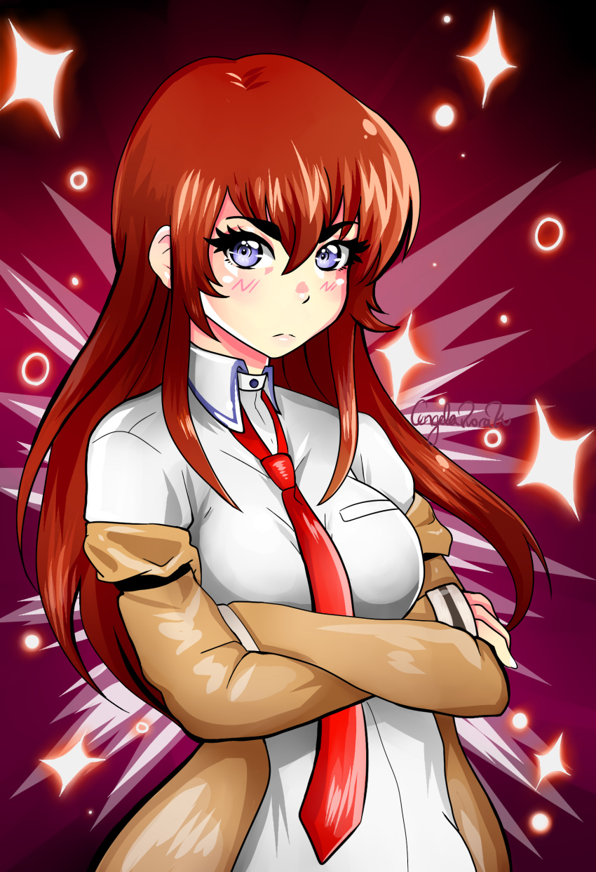 1girl angie_bunnie artist_name blush breasts brown_jacket closed_mouth collared_shirt crossed_arms eyebrows_visible_through_hair frown hair_between_eyes highres jacket long_hair looking_at_viewer makise_kurisu medium_breasts off_shoulder open_clothes open_jacket red_background red_neckwear redhead shirt signature sleeves_past_wrists solo sparkle steins;gate thick_eyebrows violet_eyes white_shirt wing_collar