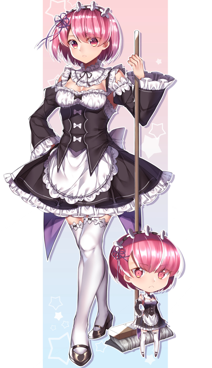 1girl absurdres blush breasts broom chibi_inset cleavage closed_mouth eyebrows_visible_through_hair full_body gem_oblivion high_heels highres holding holding_broom looking_at_viewer maid mary_janes medium_breasts pink_eyes pink_hair ram_(re:zero) re:zero_kara_hajimeru_isekai_seikatsu shoes short_hair standing thigh-highs white_legwear