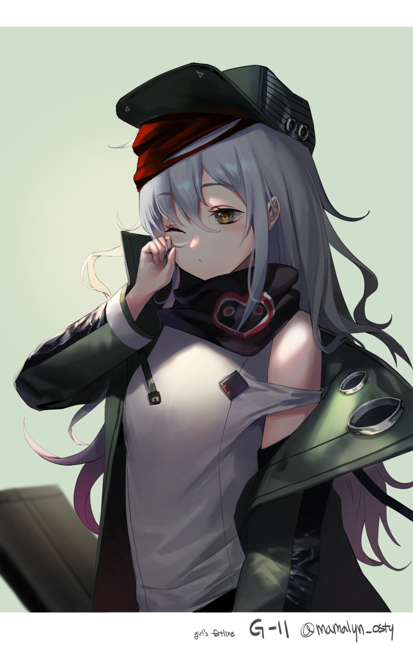 1girl bandanna bangs blush brown_eyes character_name copyright_name flat_cap g11_(girls_frontline) girls_frontline gradient_hair grey_hair hair_between_eyes hat highres jacket letterboxed long_hair multicolored_hair open_clothes open_jacket osuti parted_lips purple_hair rubbing_eyes sidelocks solo tank_top twitter_username upper_body wavy_hair