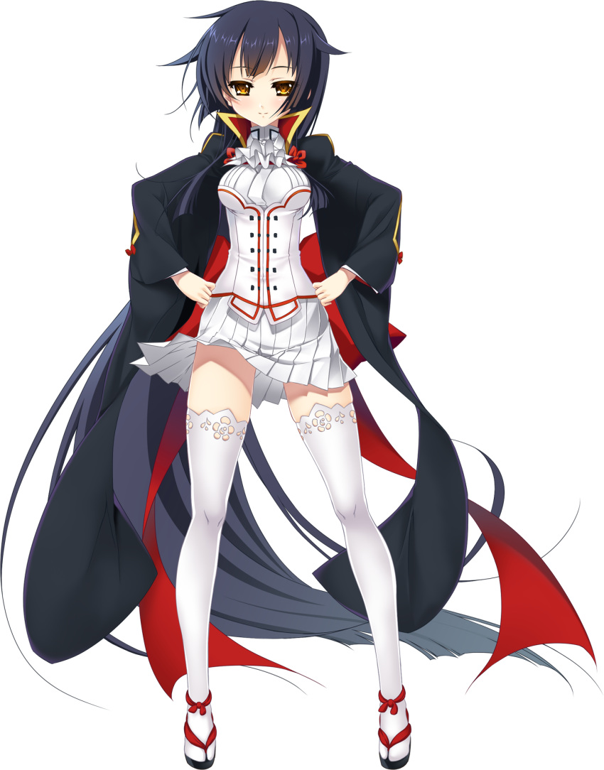 1girl bangs black_hair breasts eyebrows_visible_through_hair full_body hand_on_hip highres japanese_clothes katagiri_hinata long_hair long_sleeves looking_at_viewer medium_breasts oda_saburou_kuon_nobunaga official_art pleated_skirt sandals sengoku_koihime_~otome_kenran_sengoku_emaki~ skirt smile standing thigh-highs transparent_background very_long_hair white_legwear white_skirt yellow_eyes zettai_ryouiki