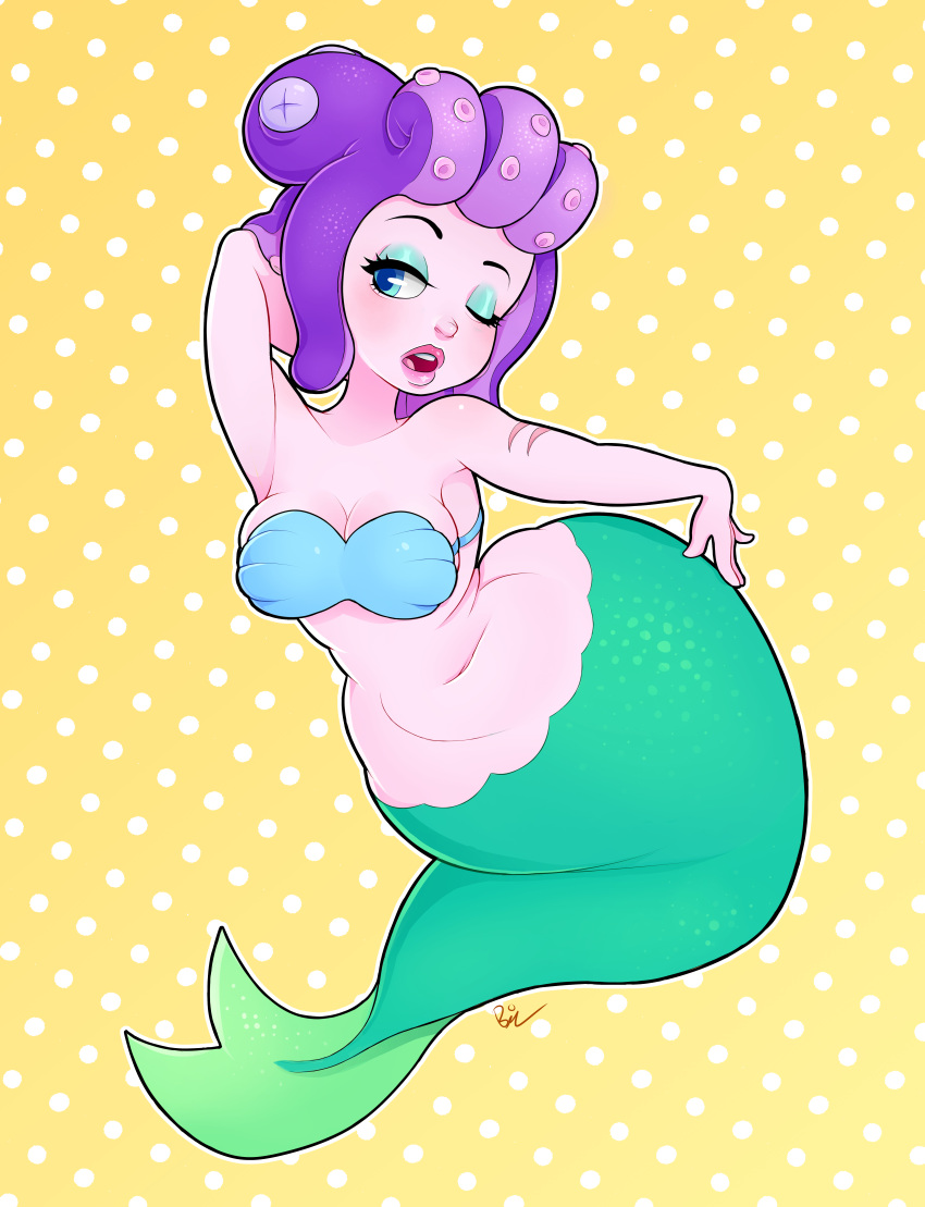 1girl absurdres belly breasts cala_maria_(cuphead) come_hither cuphead_(game) curvy eyeshadow hand_behind_head hand_on_hip highres huge_filesize makeup medium_breasts mermaid monster_girl navel octopus oldschool open_mouth plump purple_hair scar seductive_smile shell shell_bikini simple_background smile soft solo tail teeth tentacle_hair wide_hips