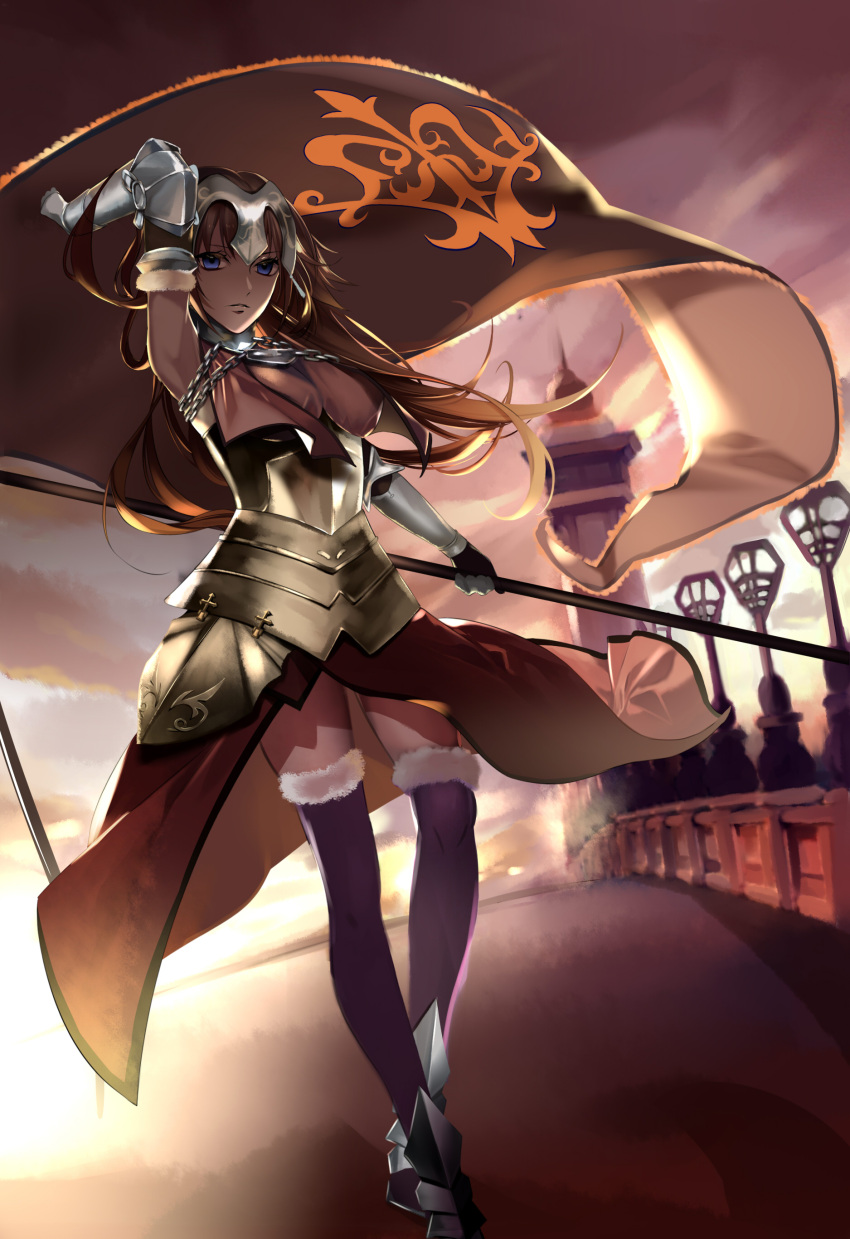 1girl absurdres arm_up armor armored_dress armpits banner blonde_hair blue_eyes chains clouds cloudy_sky dress fate/apocrypha fate_(series) floating_hair fur_trim gauntlets highres holding holding_weapon long_hair looking_at_viewer outdoors purple_legwear ruler_(fate/apocrypha) sky sleeveless sleeveless_dress solo standing thigh-highs tower weapon yukibana