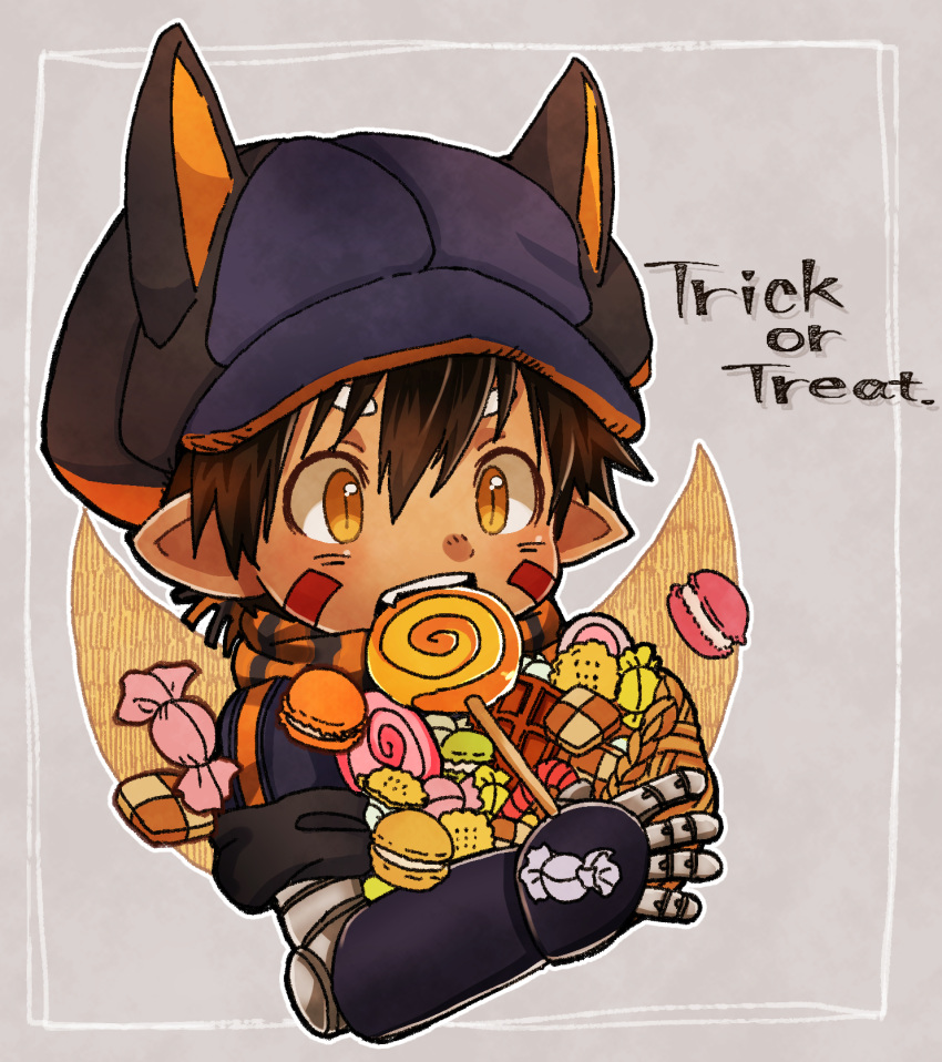 1boy bangs brown_hair candy chocolate chocolate_bar commentary_request eating facial_mark fang food grey_background hair_between_eyes halloween hat highres holding_candy kemonomimi_mode lollipop made_in_abyss male_focus mechanical_arms open_mouth pointy_ears regu_(made_in_abyss) scarf short_sleeves slit_pupils solo striped striped_scarf trick_or_treat usuki_(usukine1go) yellow_eyes