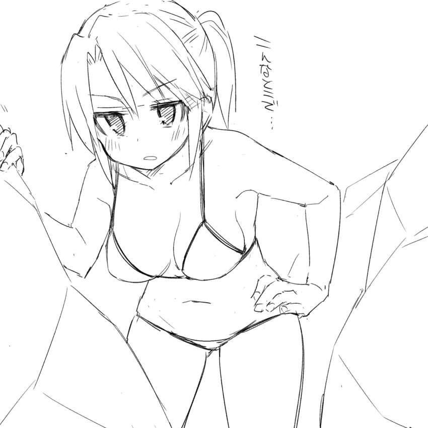 &gt;:o 1girl :o bangs blush breasts collarbone eyebrows_visible_through_hair greyscale hand_on_hip highres leaning_forward medium_breasts migchip monochrome navel original outdoors rock side_ponytail sidelocks sketch solo