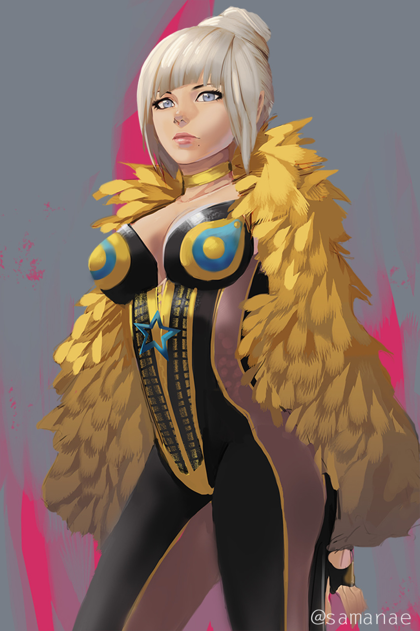 1girl bad_hands black_gloves blade_&amp;_soul blue_eyes breasts cleavage error feather_trim gloves grey_background highres looking_at_viewer medium_breasts samanae standing star twitter_username white_hair yellow_neckwear