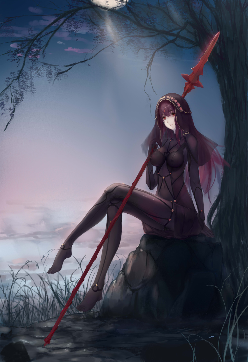 1girl absurdres arm_at_side bangs blue_sky bodysuit breasts circlet closed_mouth covered_navel expressionless eyebrows_visible_through_hair fate/grand_order fate_(series) full_body gae_bolg highres hoshino_arika long_hair medium_breasts no_shoes outdoors pale_skin plant purple_bodysuit purple_hair red_eyes rock rope scathach_(fate/grand_order) sitting skin_tight sky solo tree twilight under_tree veil