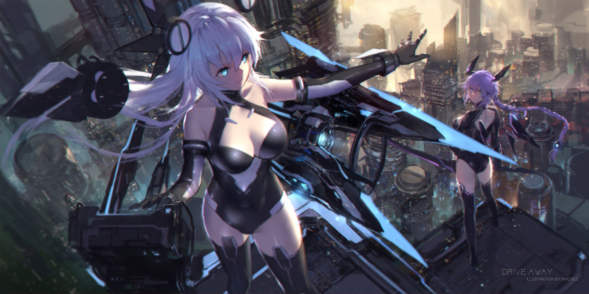 2girls absurdres artist_name ass bare_shoulders black_gloves black_heart black_legwear blue_eyes braid breasts bright_pupils cityscape cleavage_cutout covered_navel elbow_gloves gloves headgear highres large_breasts leotard long_hair multiple_girls neptune_(series) outdoors outstretched_arm purple_hair purple_heart single_braid swd3e2 sword thigh-highs very_long_hair weapon white_hair
